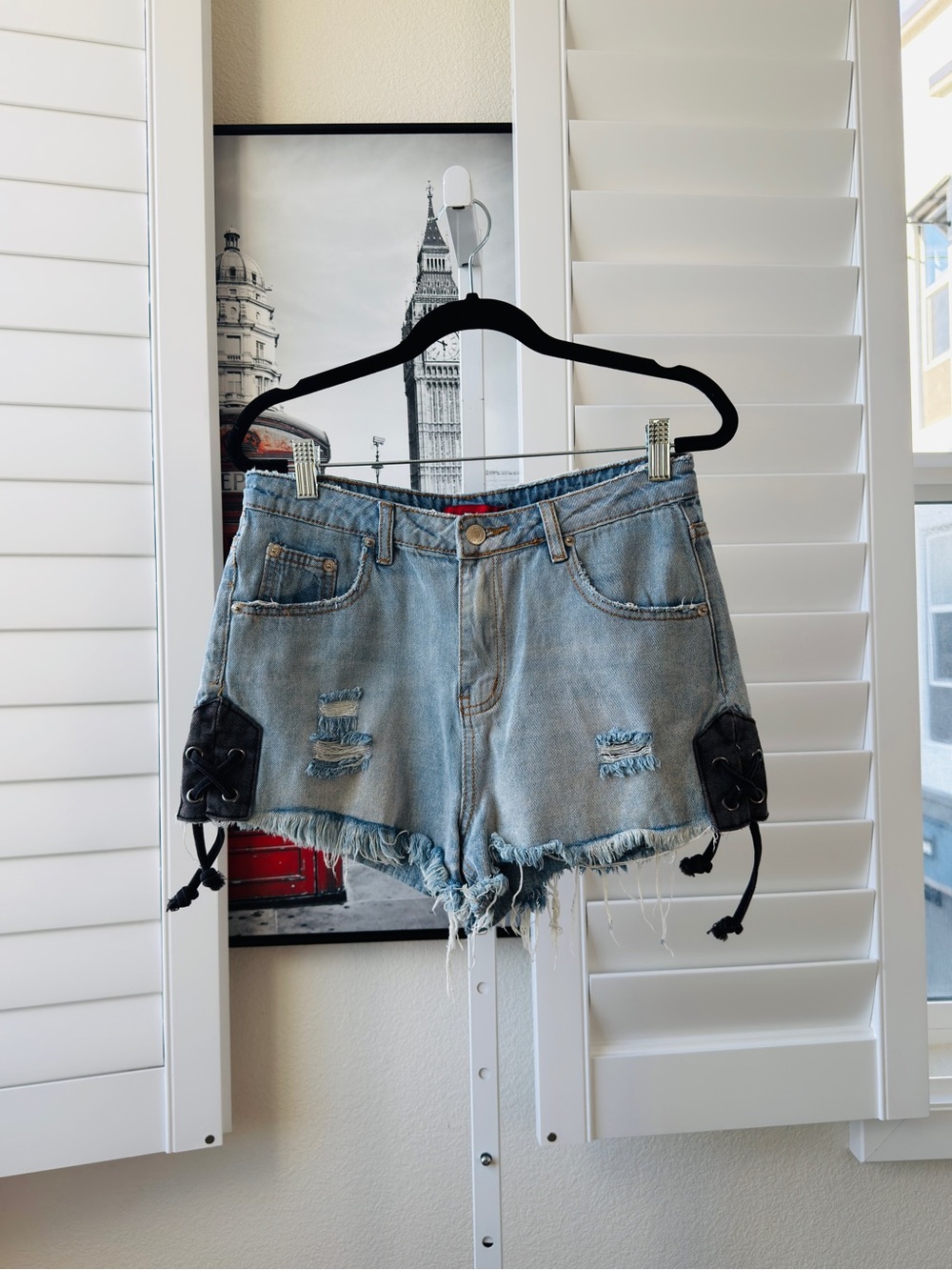 Signature Light Blue Distressed Denim Shorts with Black Lace Accents